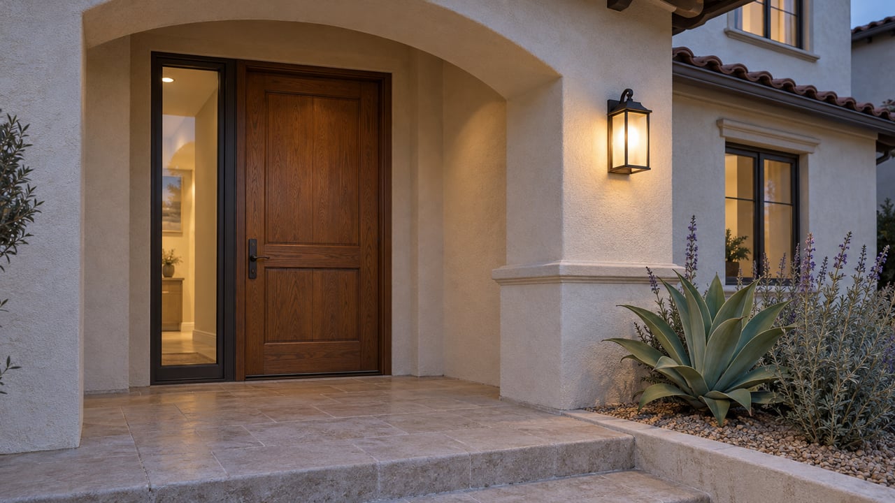 Twilight view of an ivory stucco arched entrance with an oak door, bronze lantern, limestone steps and sculptural waterwise planting.