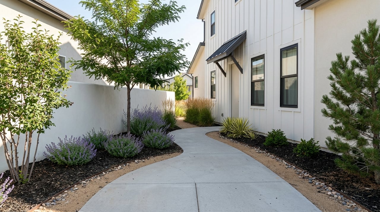 Curving greenbelt path between newer homes, beside stucco and board-and-batten walls under a honeylocust.