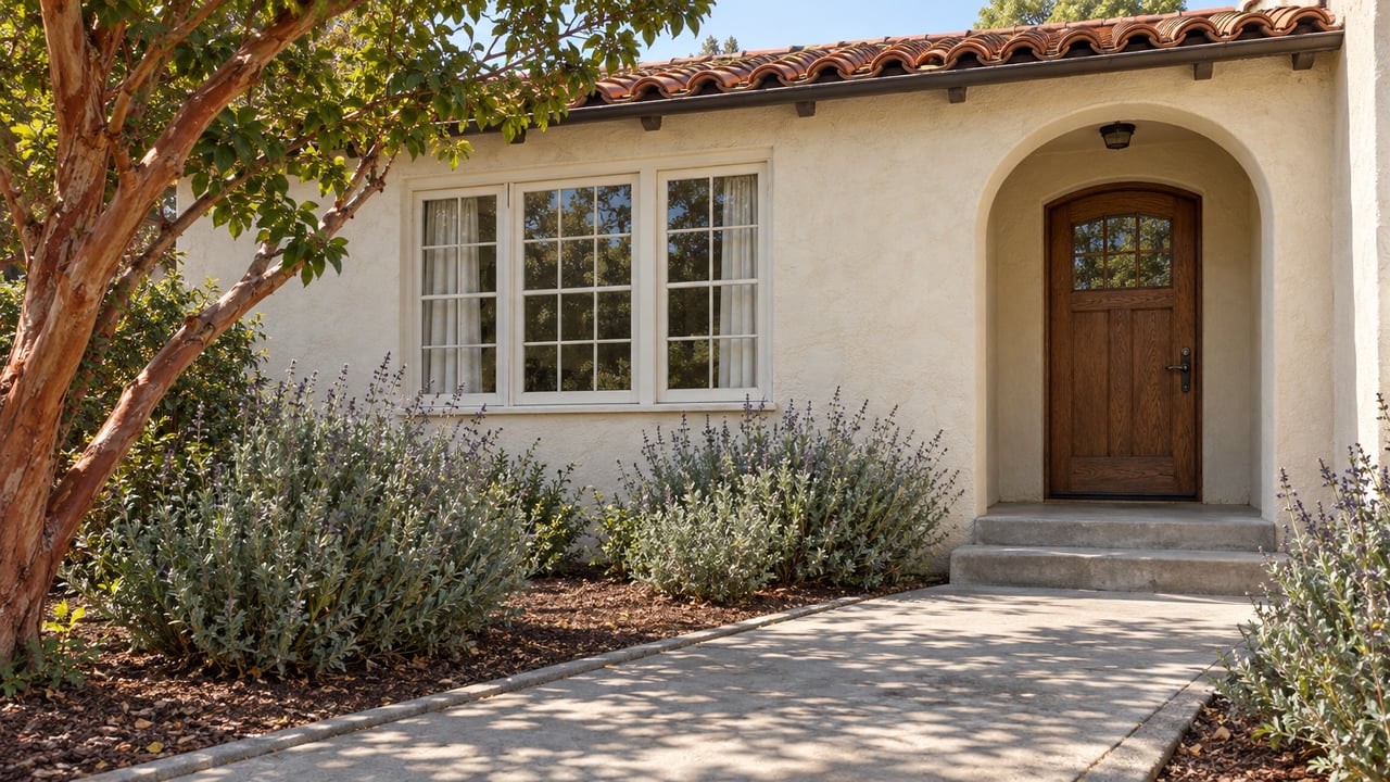 Cream stucco home with a red clay tile roof, recessed oak entry door and a concrete garden path beside a sculptural strawberry tree.