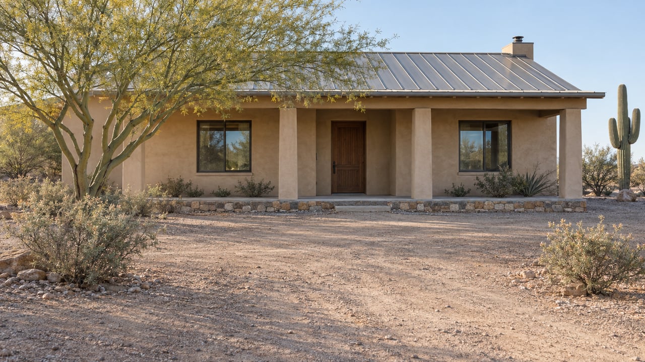 Single-story sand-colored stucco house with a metal roof, shaded porch, desert shrubs, and broad earth approach.