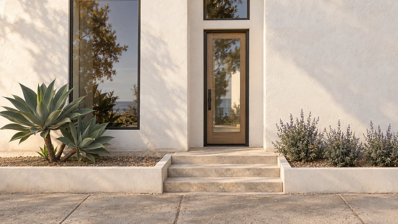 Narrow stucco coastal home with a glazed oak door, limestone steps, agave, and salvia.