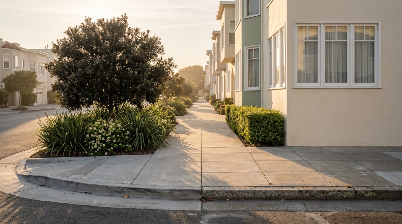 Planted curb bulb with a broad-canopied tree beside a sidewalk lined with attached stucco homes.