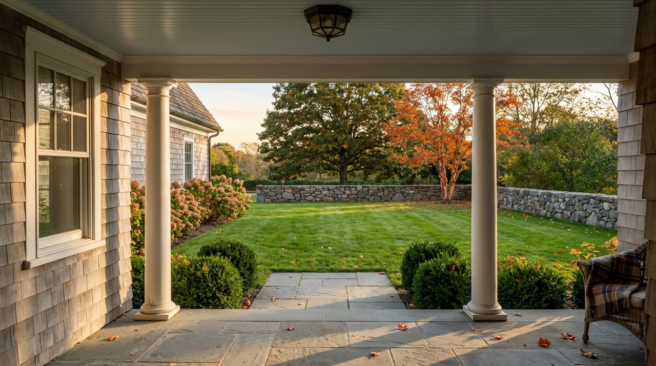 Porch columns frame a broad lawn, stone wall, and orange-red maple, with fallen leaves on bluestone.