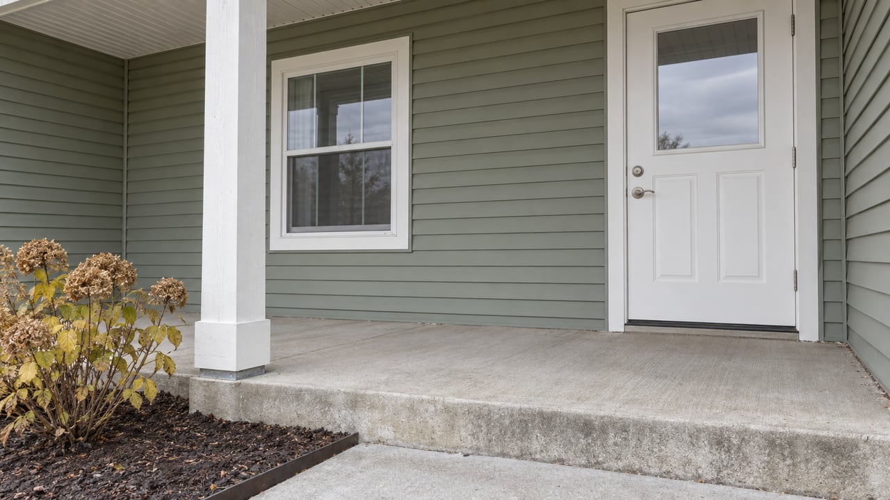 A sage-sided home's covered entry with a white door, square porch post and concrete steps beside dried hydrangea flower heads.