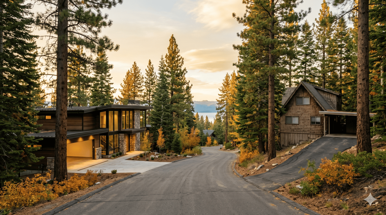 Two luxury homes on a quiet Incline Village street at golden hour, with Lake Tahoe filtered through pines, illustrating the wide price-per-square-foot spread in 2026