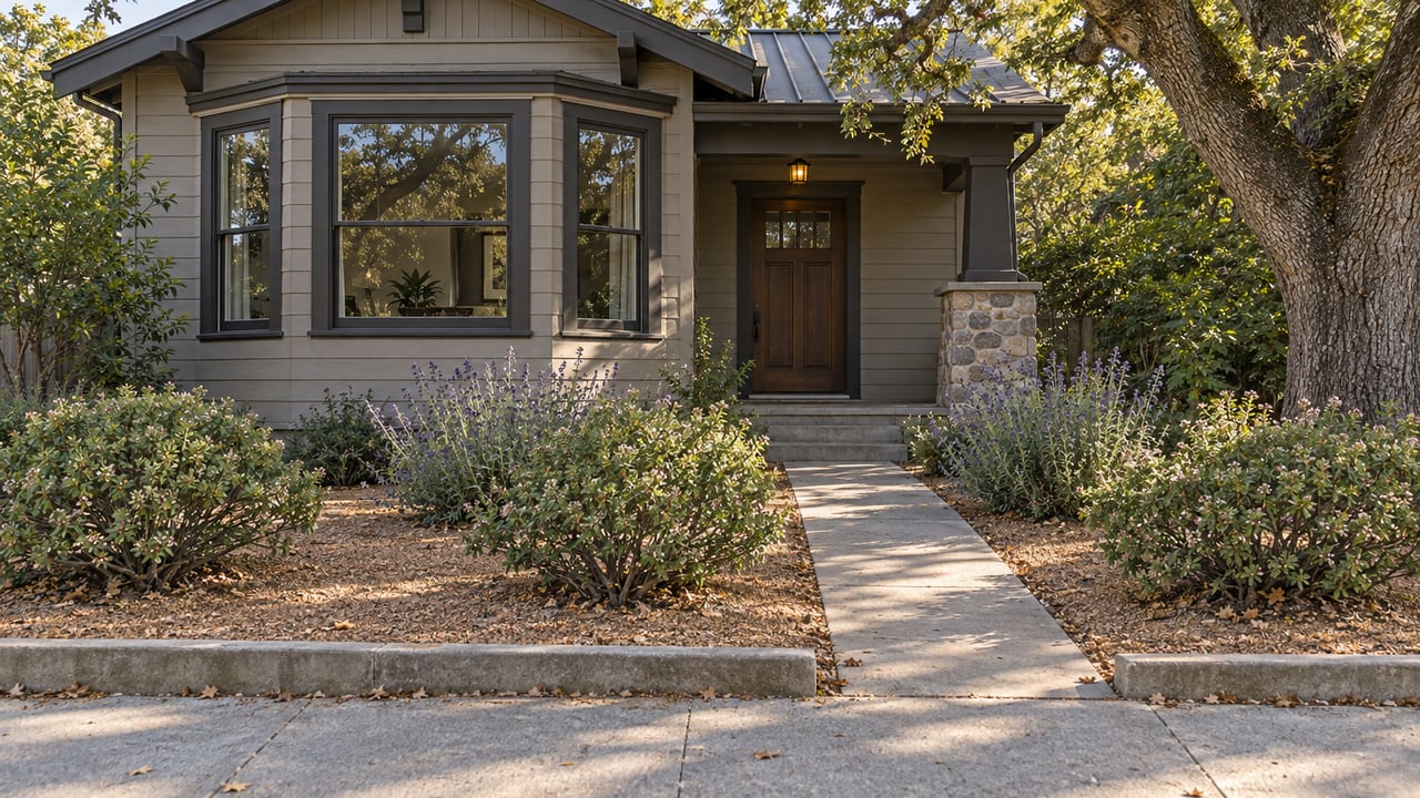 Older house with bay windows and recessed door, front garden, sidewalk, and oak tree at right.