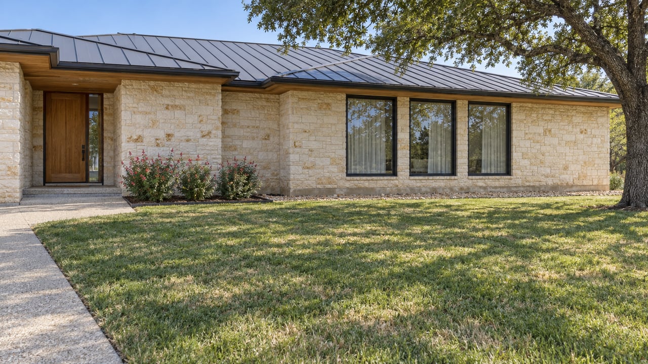 Low limestone home with a dark metal roof, warm wood entry, broad front lawn, and a mature shade tree.