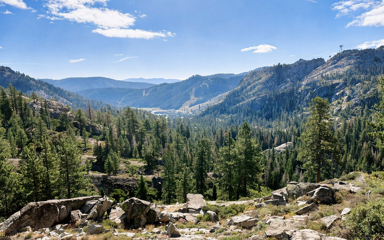 Olympic Valley’s forested mountain valley, viewed across rocky terrain beneath a bright blue sky.