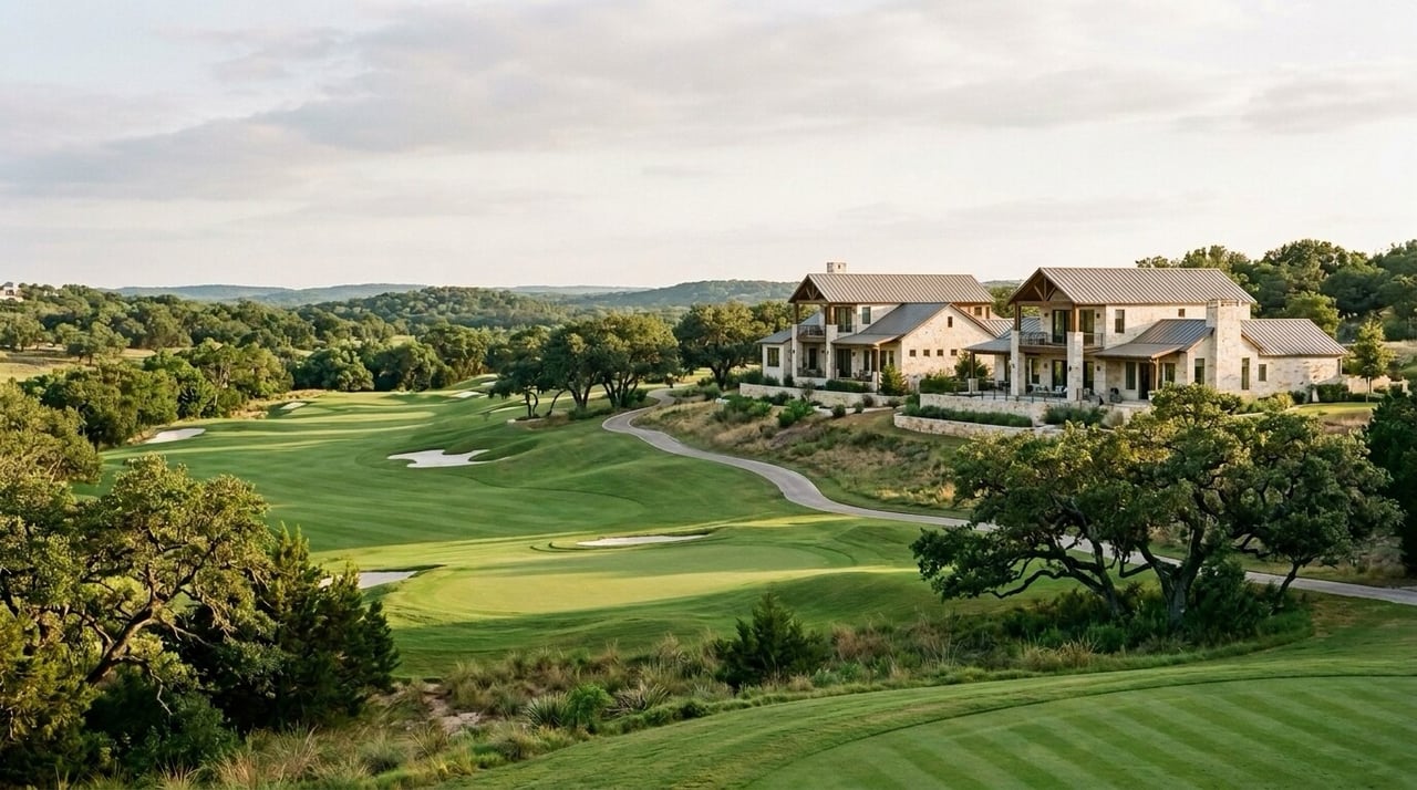 Homes on a Hill Country hillside above a green fairway and oak valley at evening, golf-course terrain like Crystal Falls in Leander