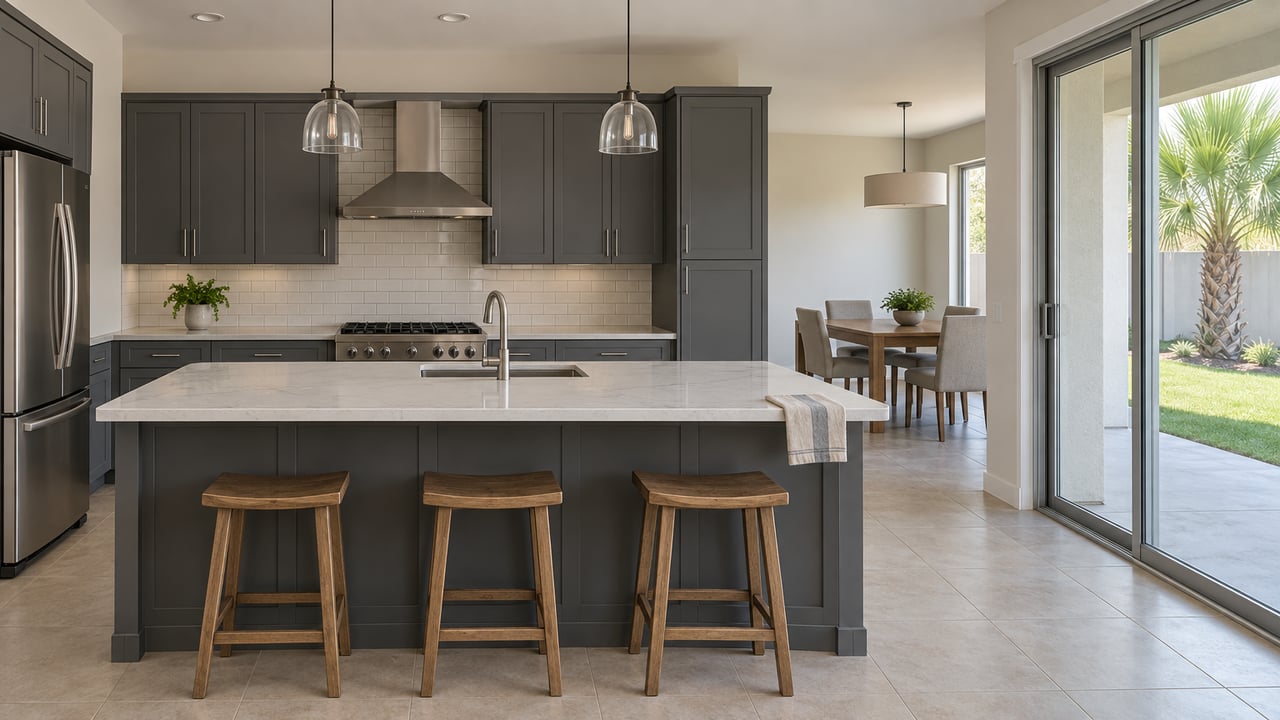 Warm-white kitchen with charcoal cabinets, a quartz island, wooden stools, and sliding doors to a covered patio.