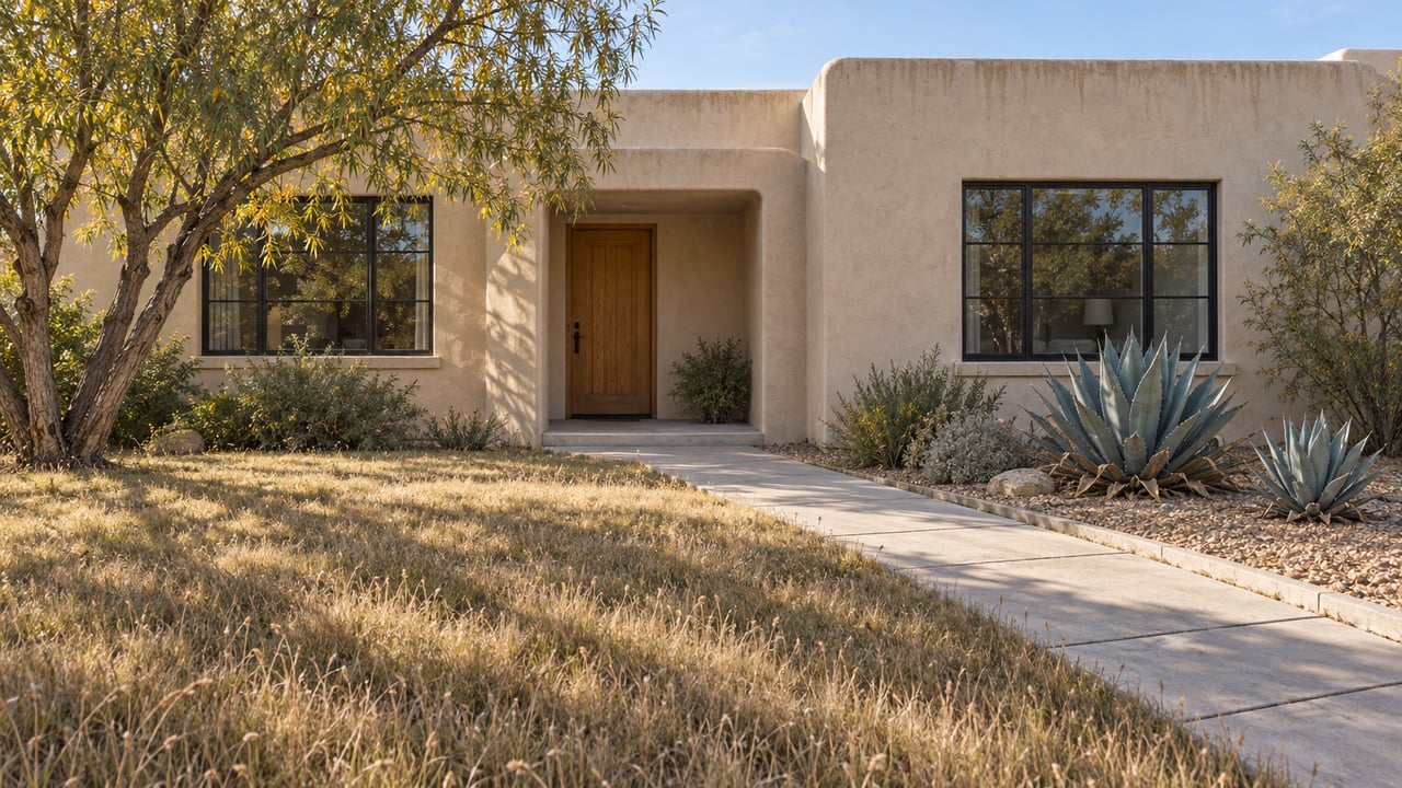 Buff stucco home with black-framed windows, an oak entry door, tawny lawn and sculptural dry-climate planting in morning light.