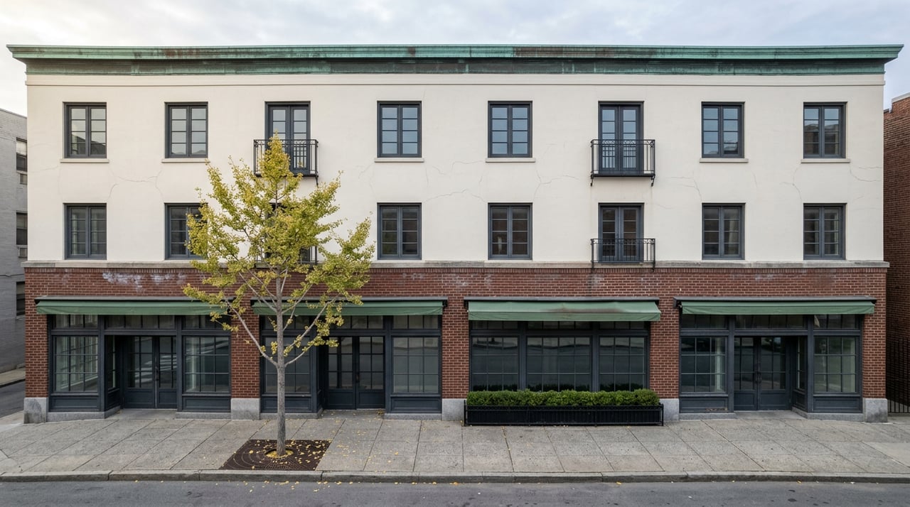 Mixed-use building with red-brick storefront, off-white upper floors, green awning, Juliet balconies, and a ginkgo tree.