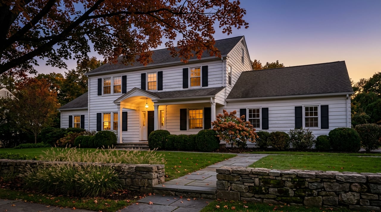 Center-hall Colonial glows through warm windows at dusk, behind a stone wall and autumn maple.