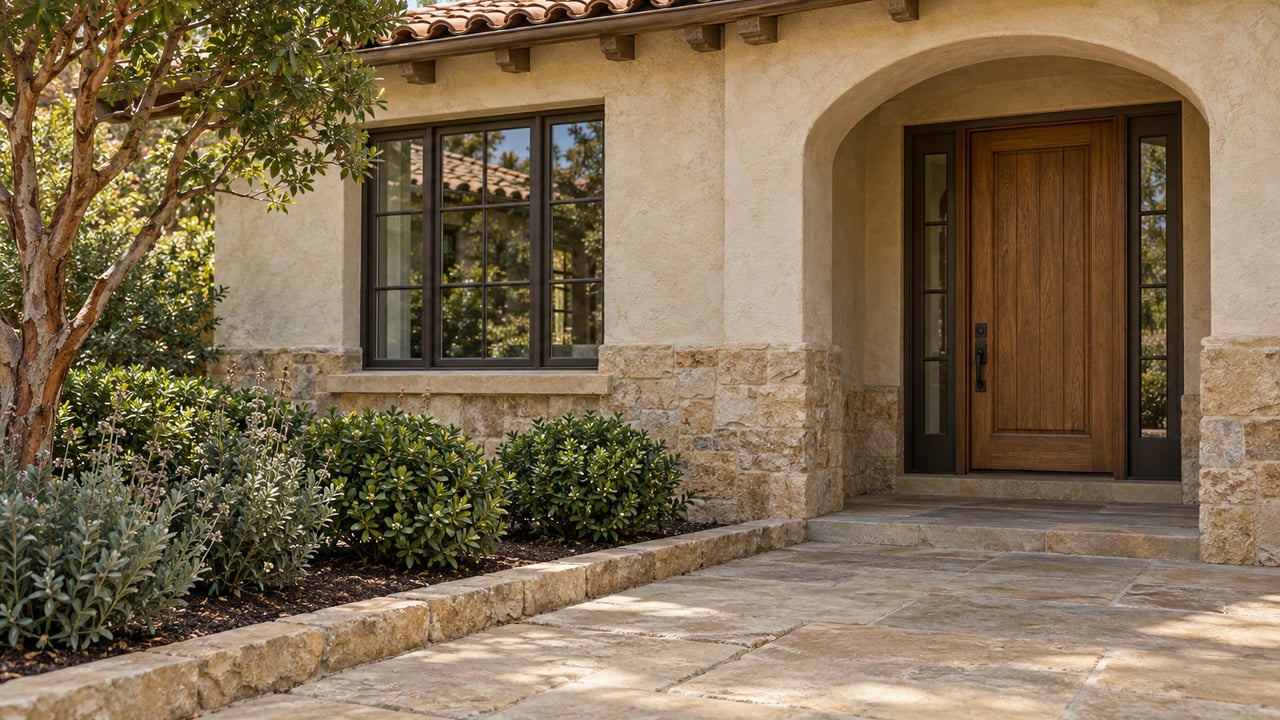 An arched oak entry and dark-framed window in an ivory stucco home, above sandstone paving beside a sculptural strawberry tree and flowering sage.