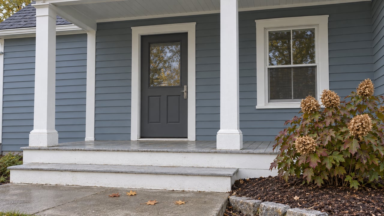 Blue-gray clapboard cottage porch with white square posts, a charcoal entry door, worn gray decking and an oakleaf hydrangea beside concrete steps.
