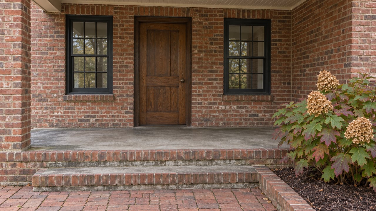 A weathered brick home's sheltered oak front door, paired divided-light windows, and broad porch steps beside an oakleaf hydrangea.