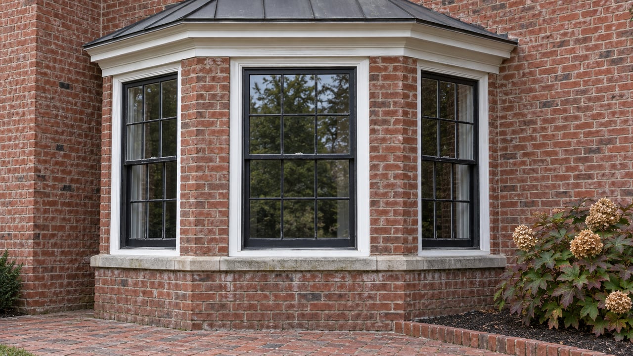 A projecting brick bay with black multi-pane windows, white cornice trim, a charcoal metal roof and an oakleaf hydrangea beside the brick approach.