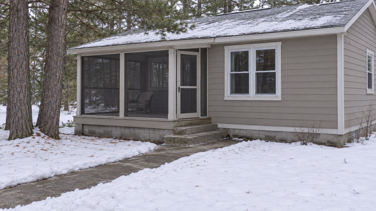 A modest taupe-sided retreat with a screened porch, shoveled concrete approach and settled snow beneath mature white pines.