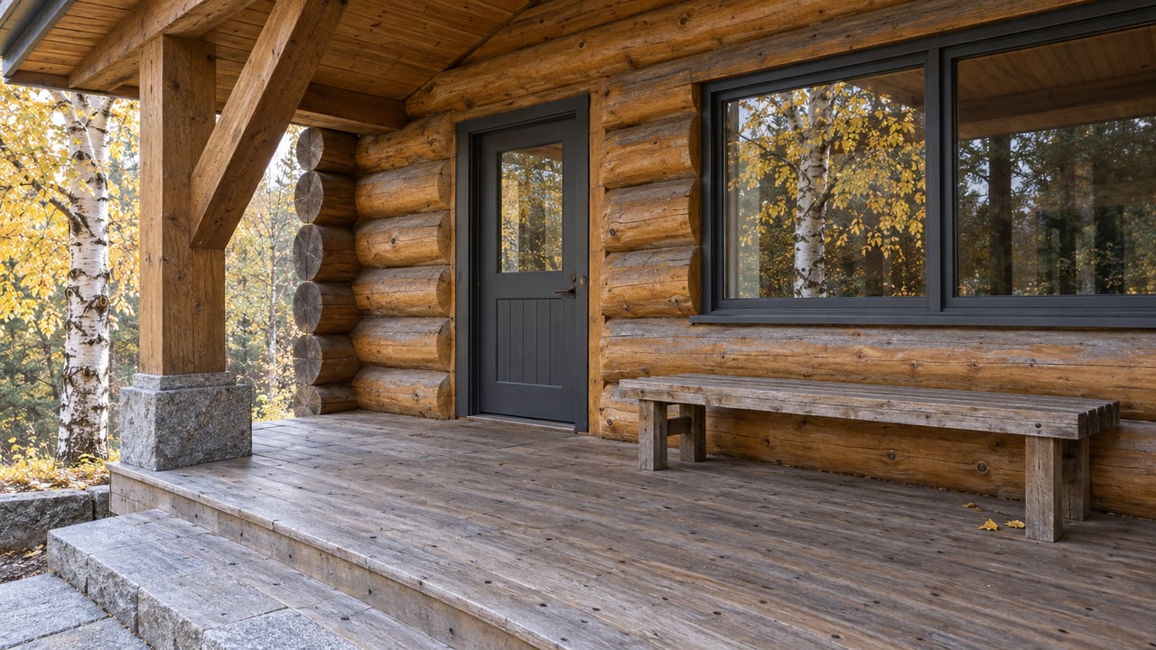 Honey-toned timber home entrance with a cedar bench, weathered porch boards and a yellow-leaved paper birch.