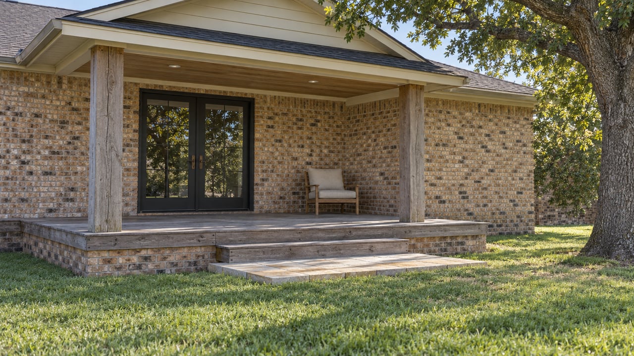 Buff-brick home with a weathered timber porch, broad steps and a mature oak beside an open lawn.
