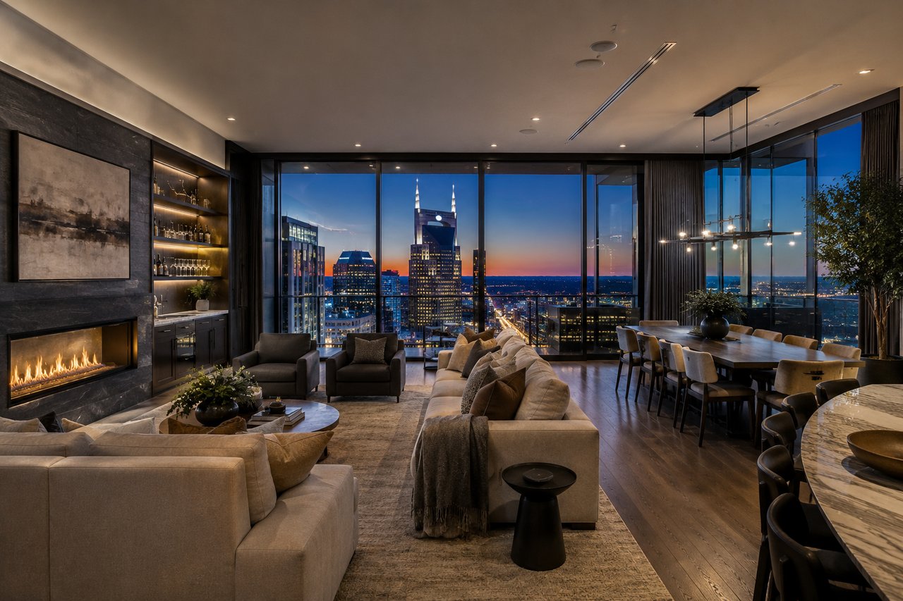 Luxury Nashville penthouse featuring floor-to-ceiling windows, sophisticated modern interiors, upscale finishes, and panoramic views of the downtown Nashville skyline.