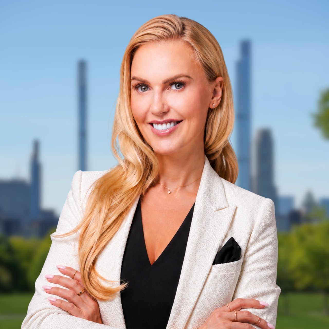 Charlotte Persson smiling in a white blazer against a blurred city skyline.
