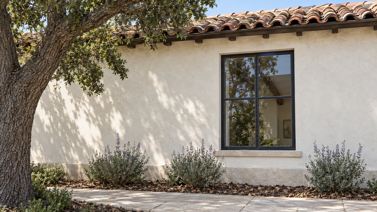 Sunlit ivory stucco and weathered clay roof tiles above a black-framed window, with an oak tree beside a stone garden walk.