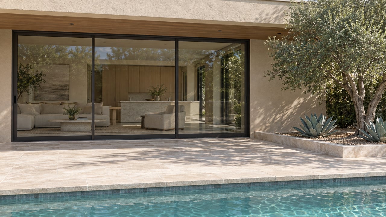 Sunlit limestone terrace beside a turquoise pool, with bronze-framed glass doors, sand-colored stucco and a sculptural desert ironwood.