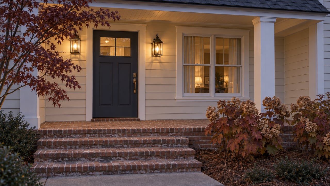 Brick steps lead to a warmly lit covered entry with cream siding, a slate-blue door and autumn foliage.