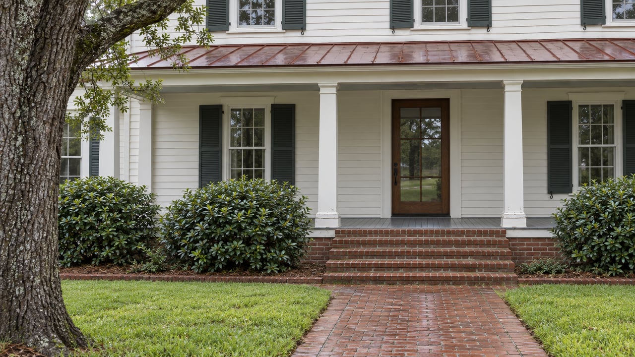 A brick path crosses a green lawn toward the raised covered entry of a white clapboard home with dark green shutters and a weathered red metal porch roof.