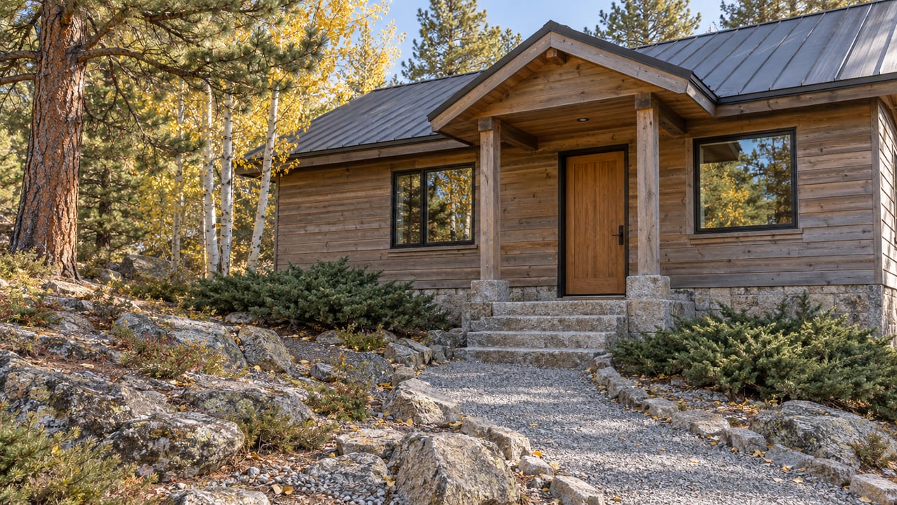 Weathered cedar cabin with a granite foundation, stone entry steps and yellow autumn leaves beneath mature trees.