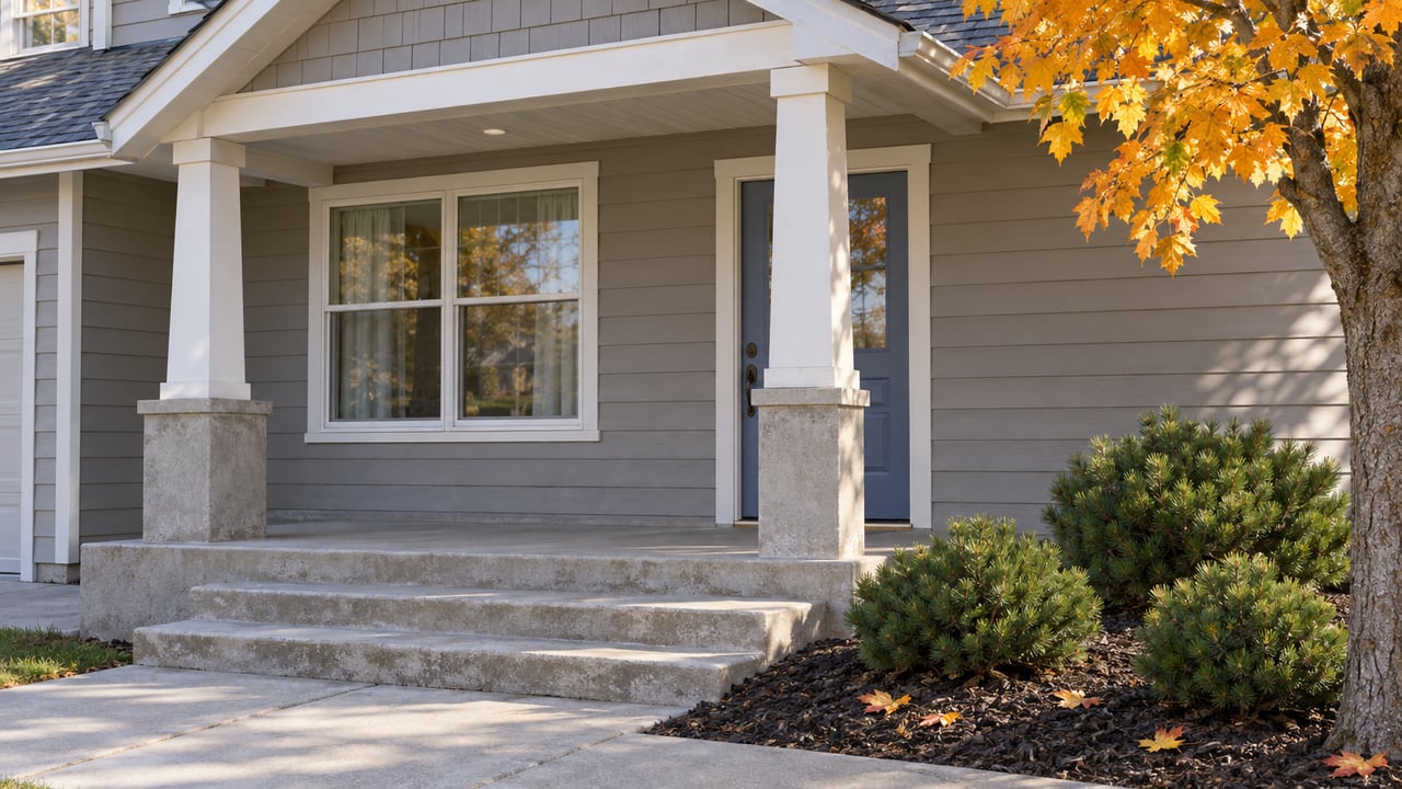 Morning light on a gray lap-sided home's covered entry, concrete steps and orange-yellow maple foliage.