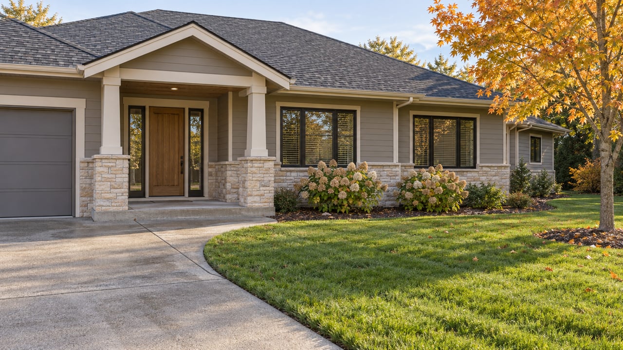 Detached single-story home with gray siding, limestone porch supports, broad front lawn and autumn maple.