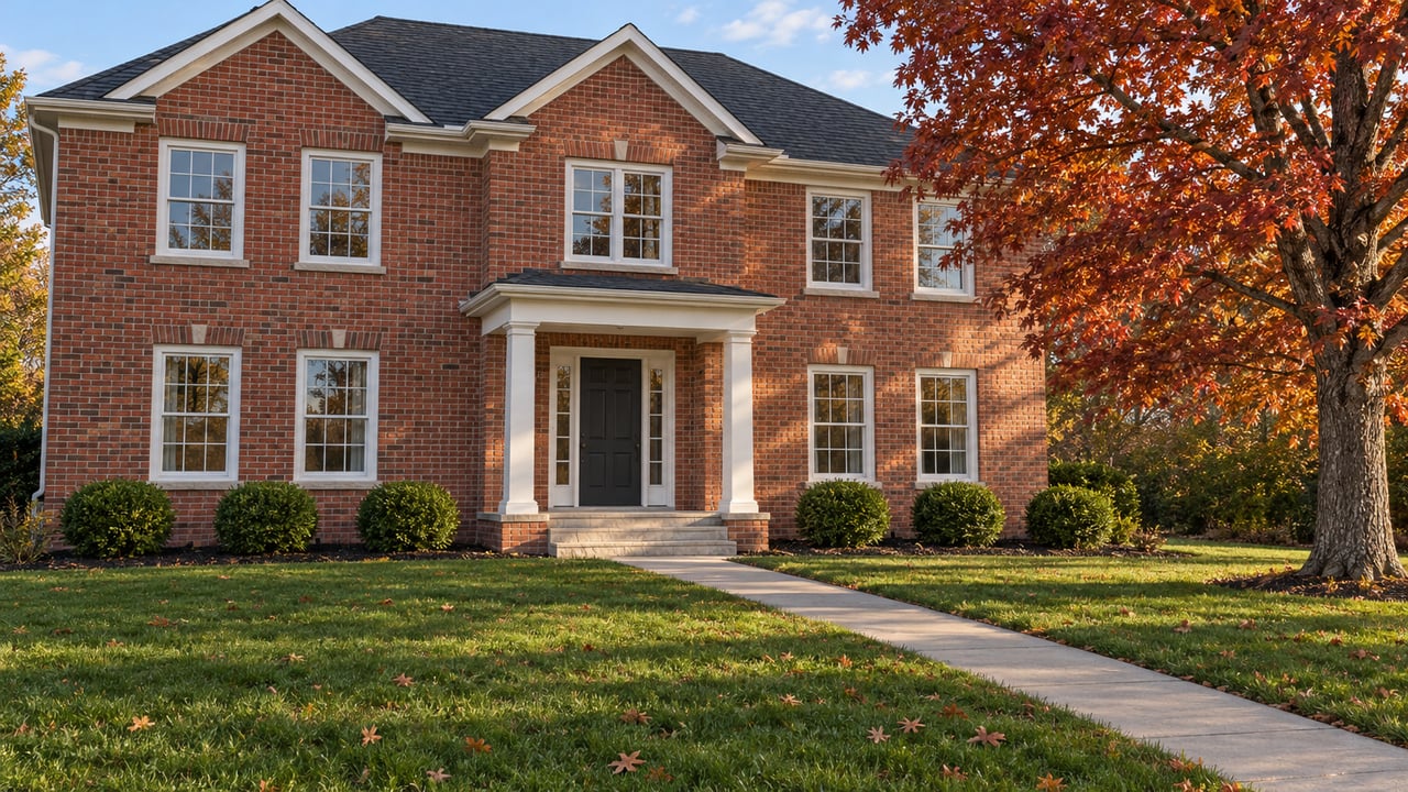 Red-brick two-story home with a covered white-column entry, broad autumn lawn and a red oak in afternoon sunlight.