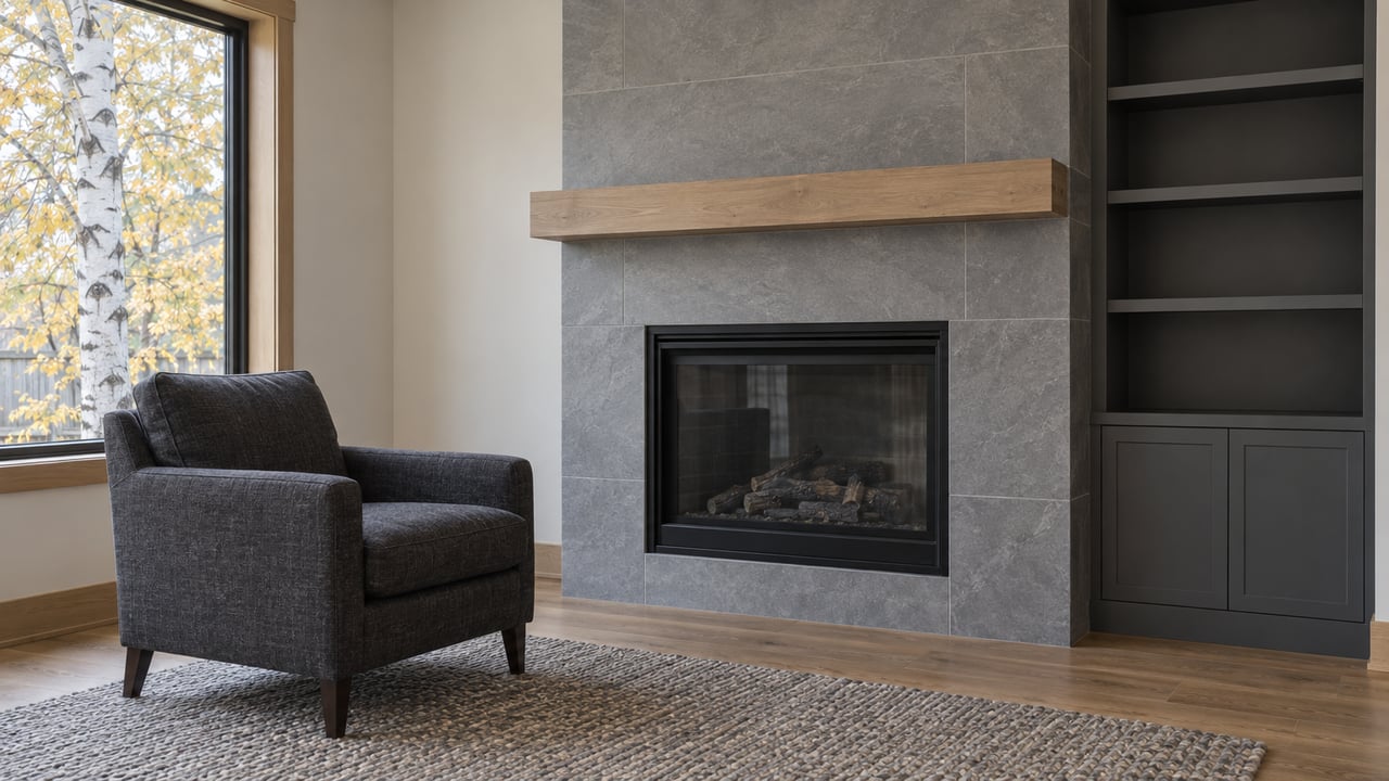 Soft morning light falls across a charcoal reading chair, oak floor and gray tiled fireplace beside a window with golden aspen leaves.