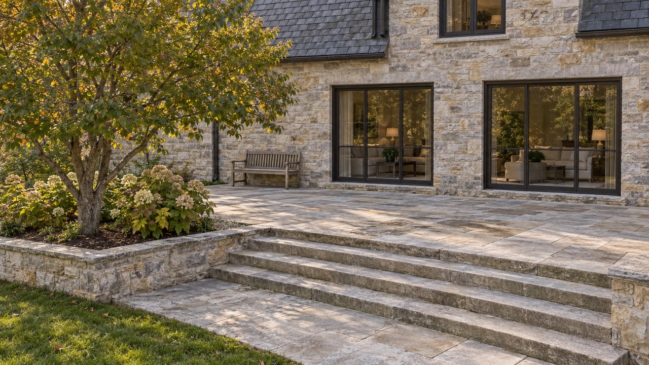 Limestone house with a charcoal slate roof above a stepped patio, lawn, and autumn trees.