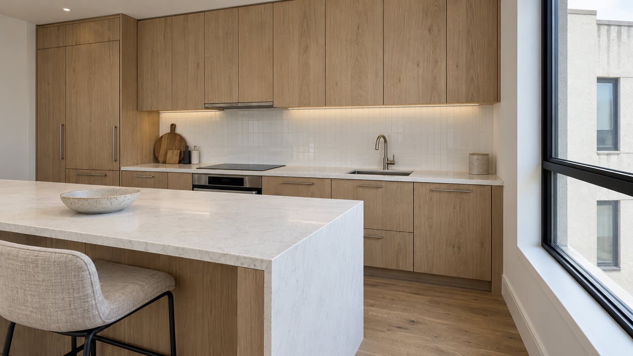Sunlit condo kitchen with warm oak cabinets, a honed white quartz island, black-framed window and a linen counter stool.