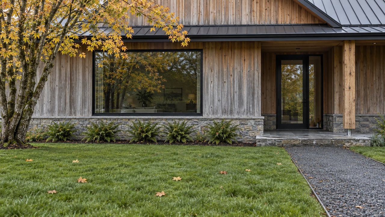 Weathered cedar home with black-framed glazing, a recessed stone porch, damp lawn, and a gold-leaved maple.
