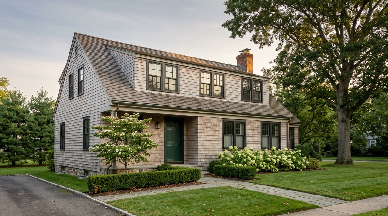 Cape-style home with white weathered shingles, green door, stone foundation, mature oak, and front lawn.
