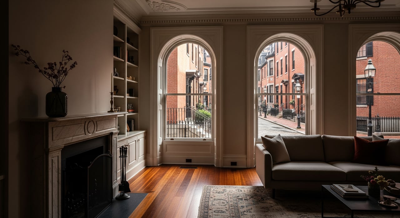 Living room with fireplace, brown sofa, and three arched windows overlooking a brick street.