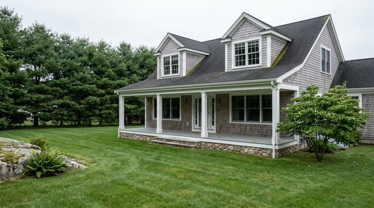 Shingle-style house with a covered porch and dormers beyond a broad lawn, granite outcrop, dogwood, and pine trees.