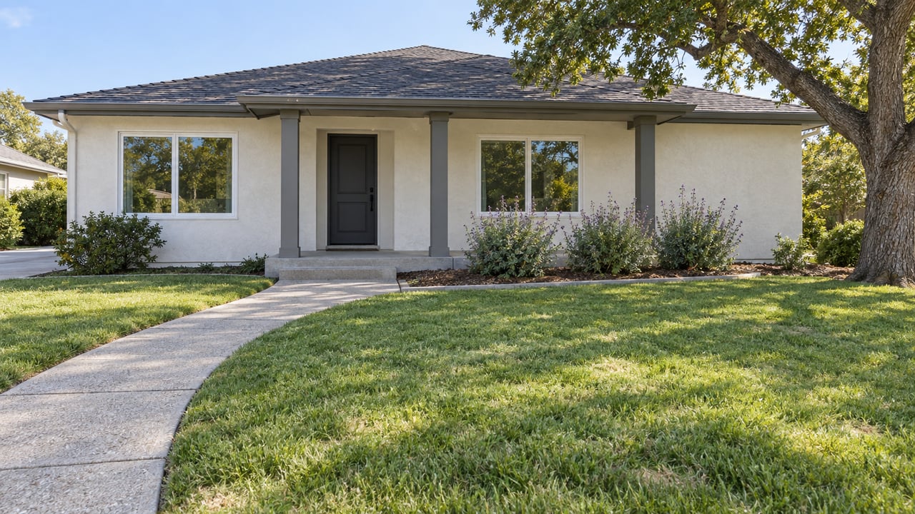 Single-story white stucco home with a dark front door, shaded porch, and curved walkway.