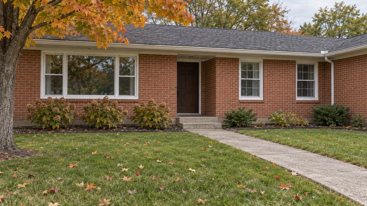 Red-brick ranch with white-framed windows, a recessed wood entry, a deep front lawn and an amber-leaved maple.