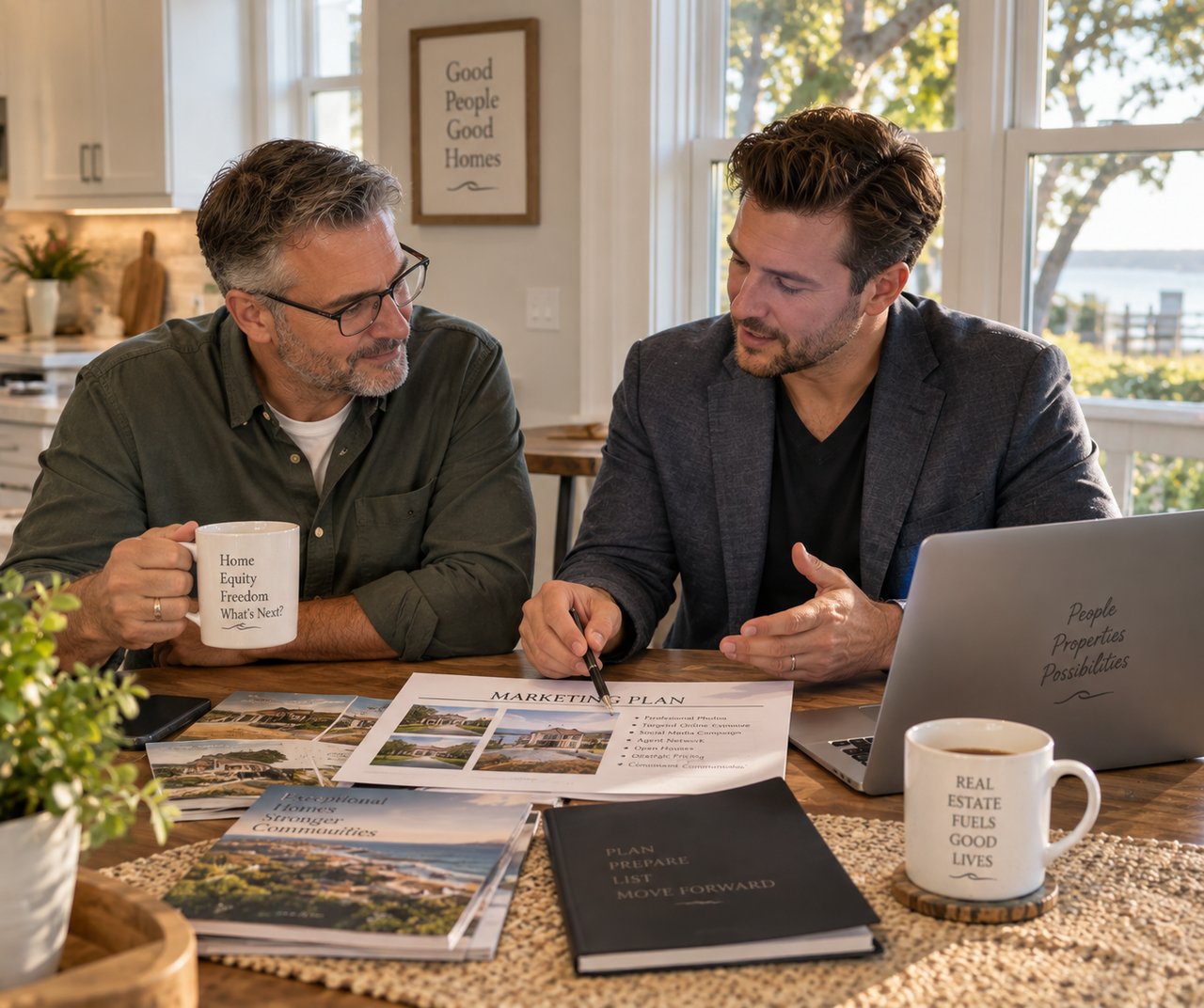 Two men review a real estate marketing plan at a kitchen table, with brochures and a laptop.
