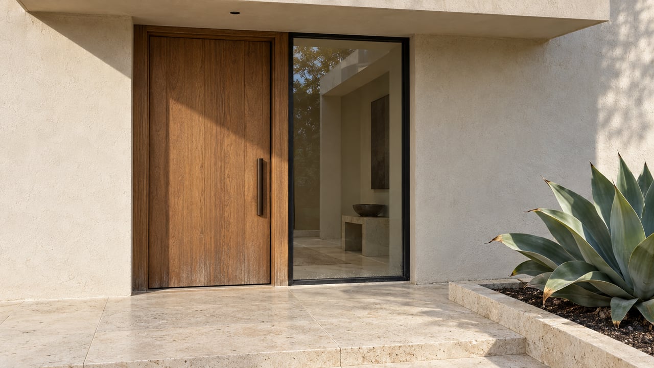 Sunlit ivory-stucco entrance with an oak door, black-framed sidelight, limestone landing and one sculptural agave.