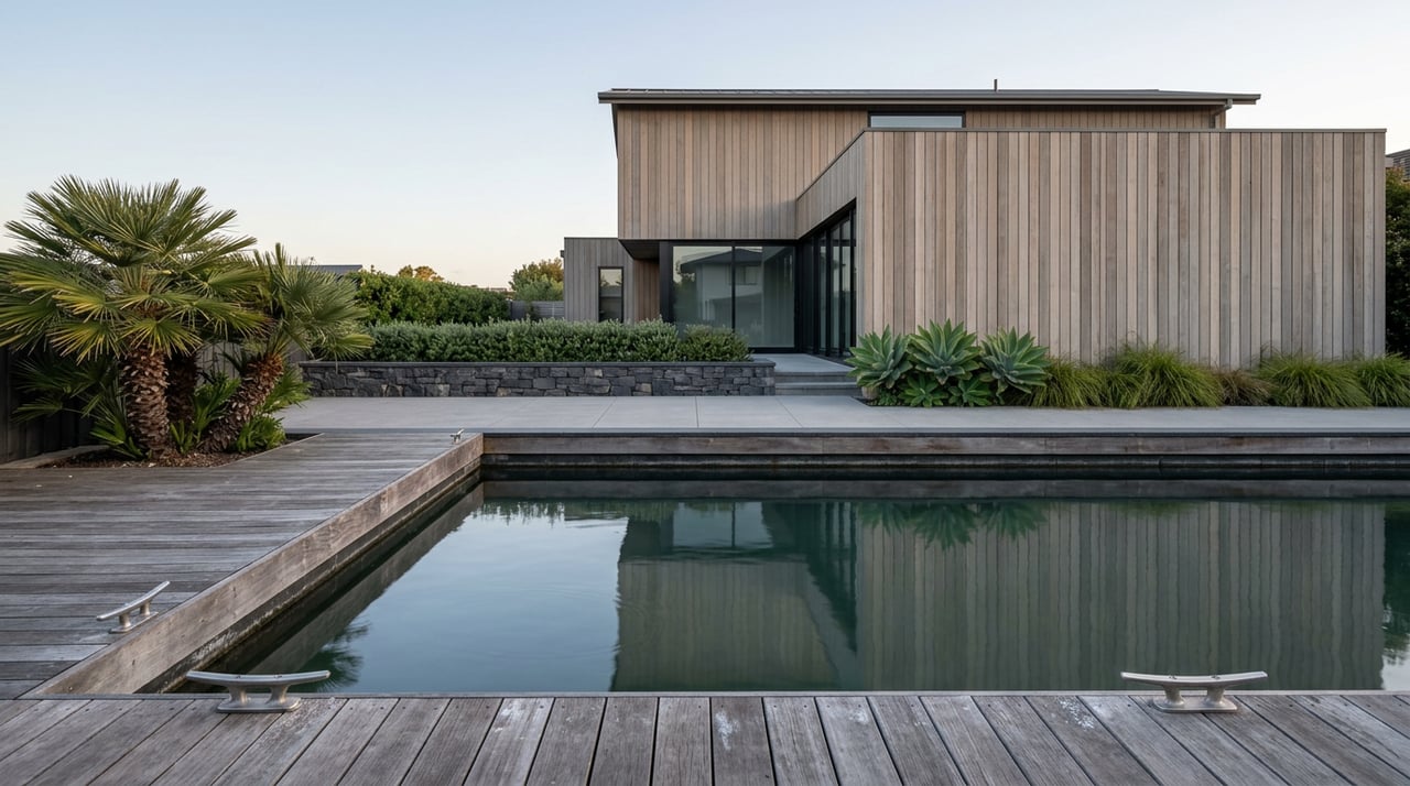 Weathered wood dock faces a cedar-clad waterfront home across calm water, with palms and agaves along the shore.