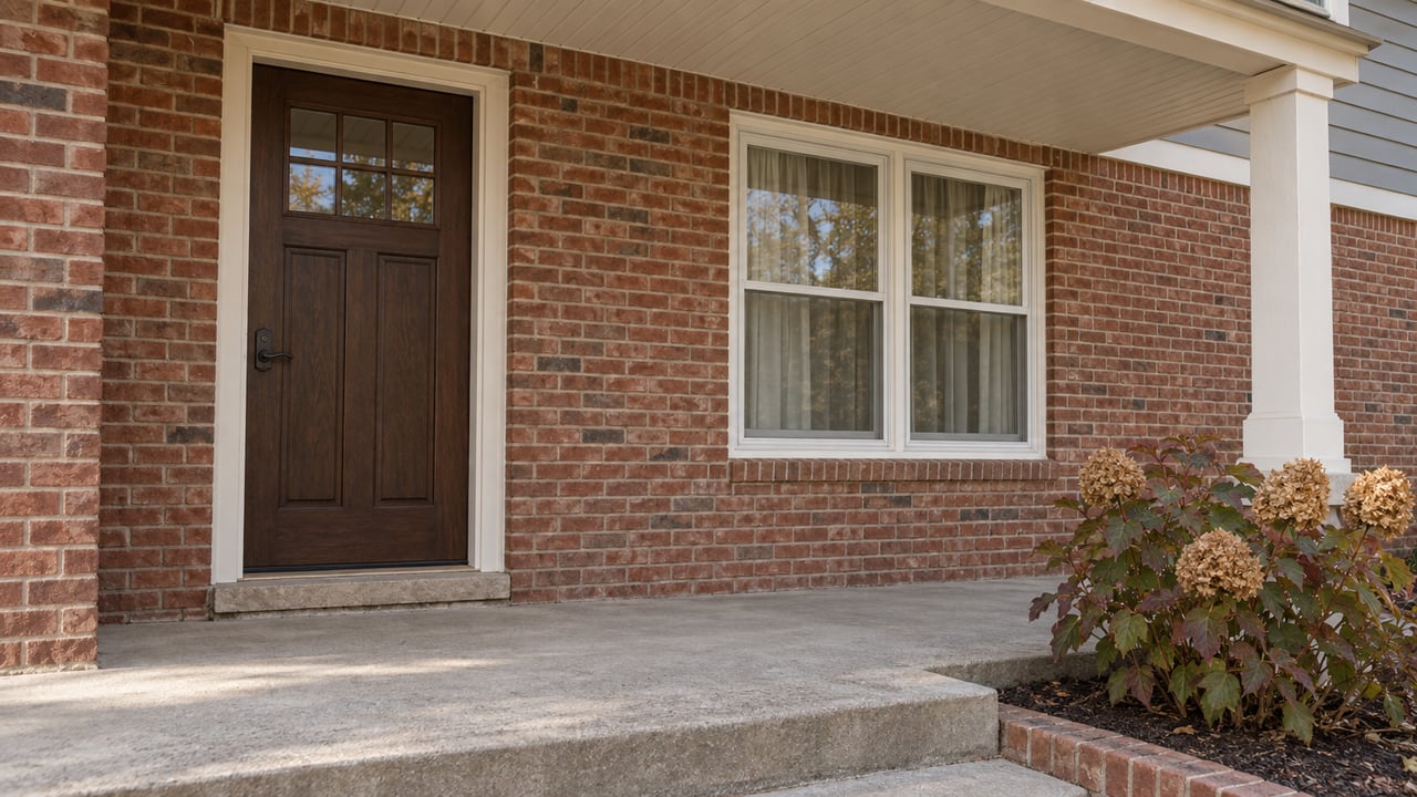 Covered brick-home entry with an oak door, paired white-framed windows and autumn oakleaf hydrangea beside a concrete porch.