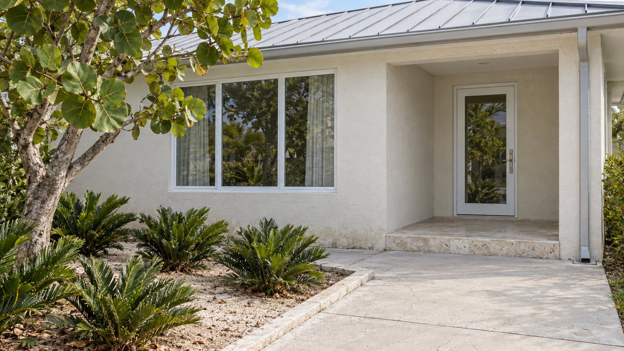 Pale stucco home with a standing-seam roof, glazed entry, limestone porch and a sea grape tree beside a sandy garden.