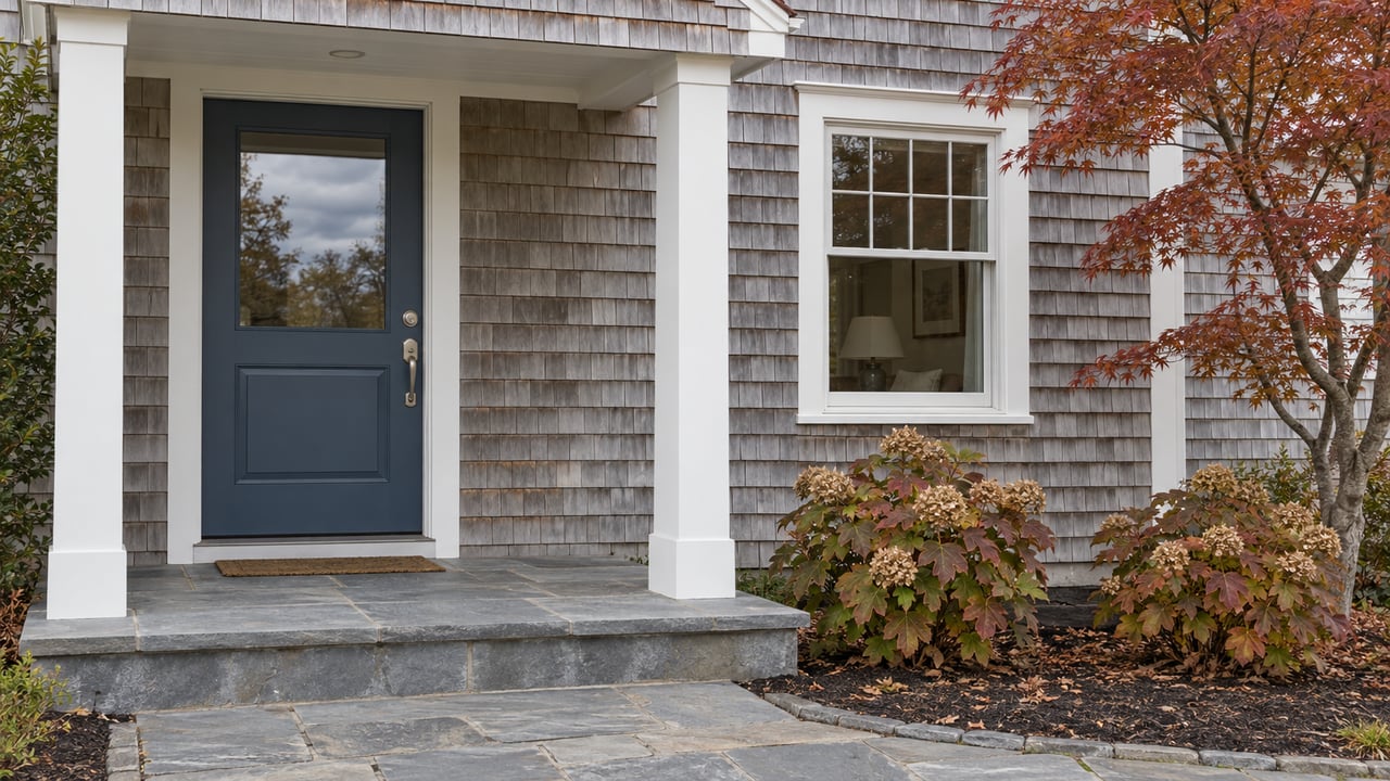 Silvered cedar shingles, a slate-blue front door and white-trimmed window above a worn bluestone entry, framed by copper autumn foliage.