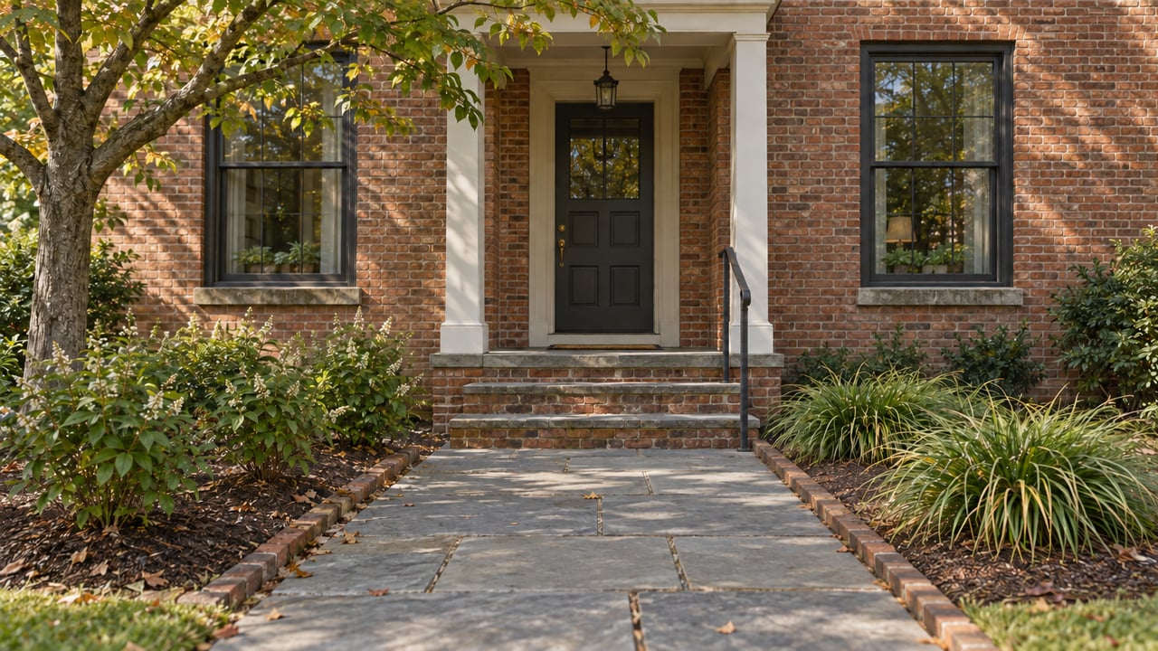 Worn bluestone walkway bordered by red-brown brick edging beside a mulched planting bed.